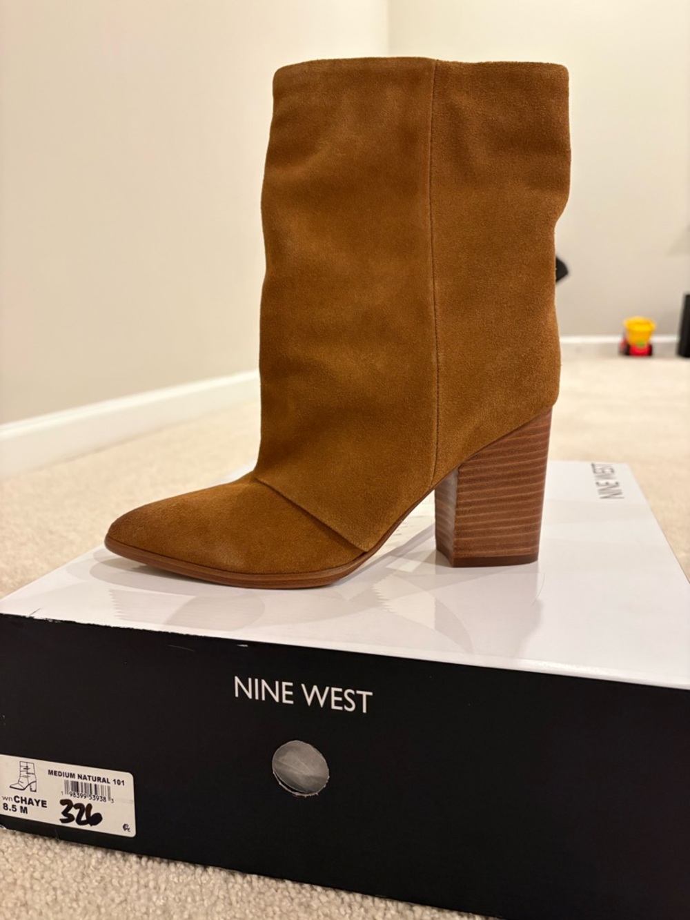 Nine West Cognac Suede Mid-Calf Block Heel Boots